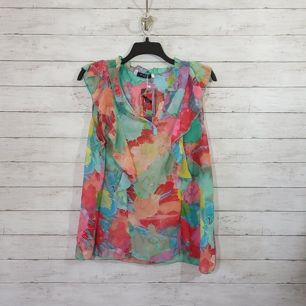 Bouique Brand Angela Plus Sheer Floral Watercolor Print Ruffle Top Size 3XL